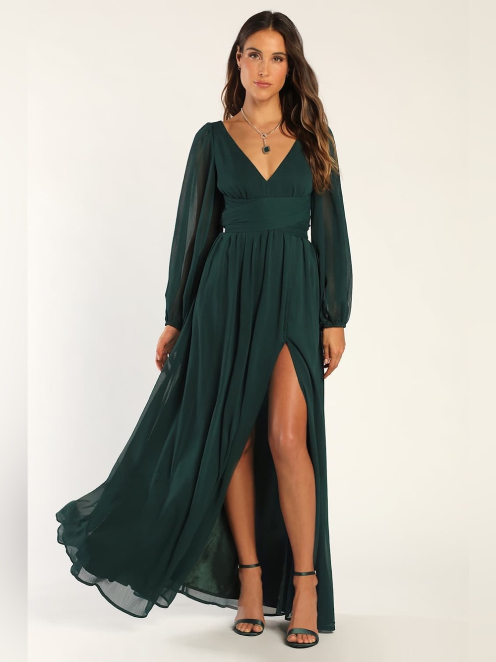 Lulus Enchant My Love Emerald Green V-Neck Long Sleeve Maxi Dress Size M NWT